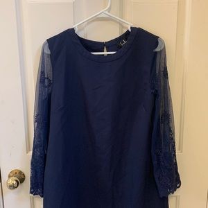 Lulus Navy Blue Shirt Dress with Lace Long Sleeves: Size L
